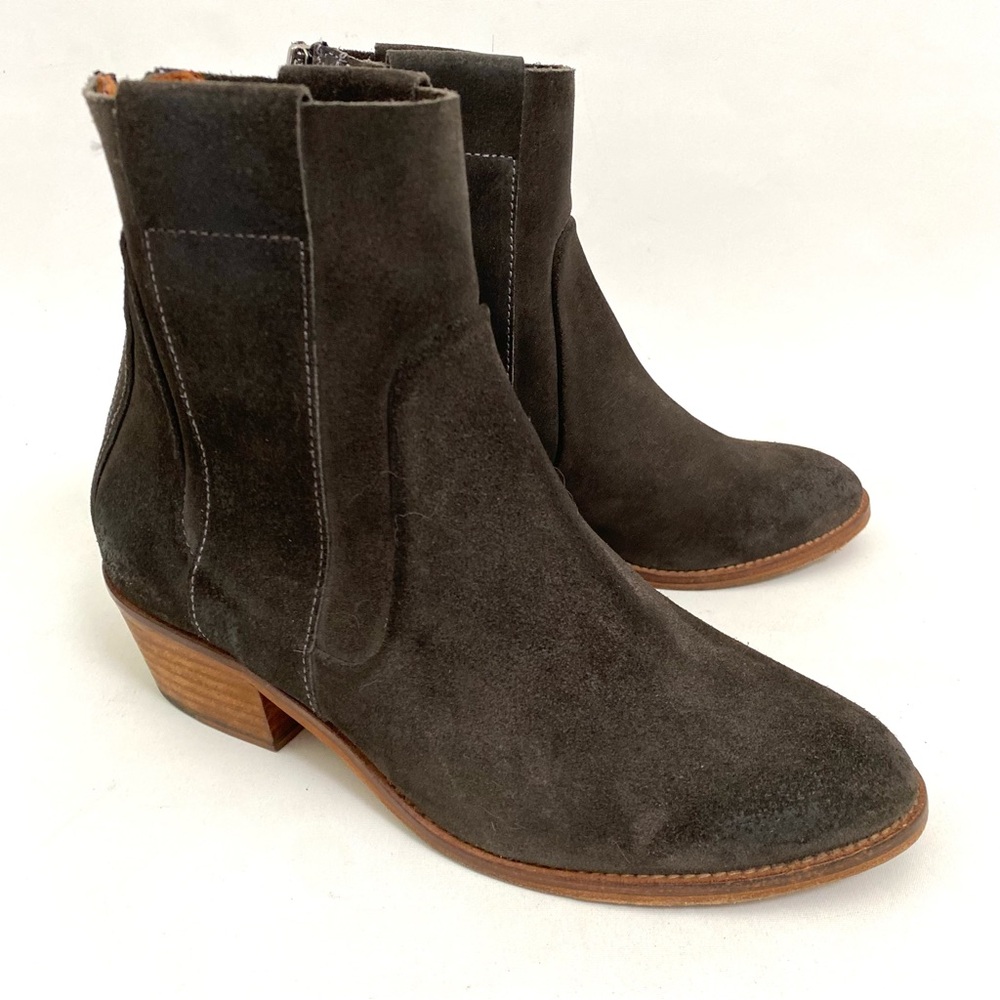 BASKE California Ankle Boots Bootie 7.5 - 8 /38 Dark Gray Suede Zip Chunky Heel